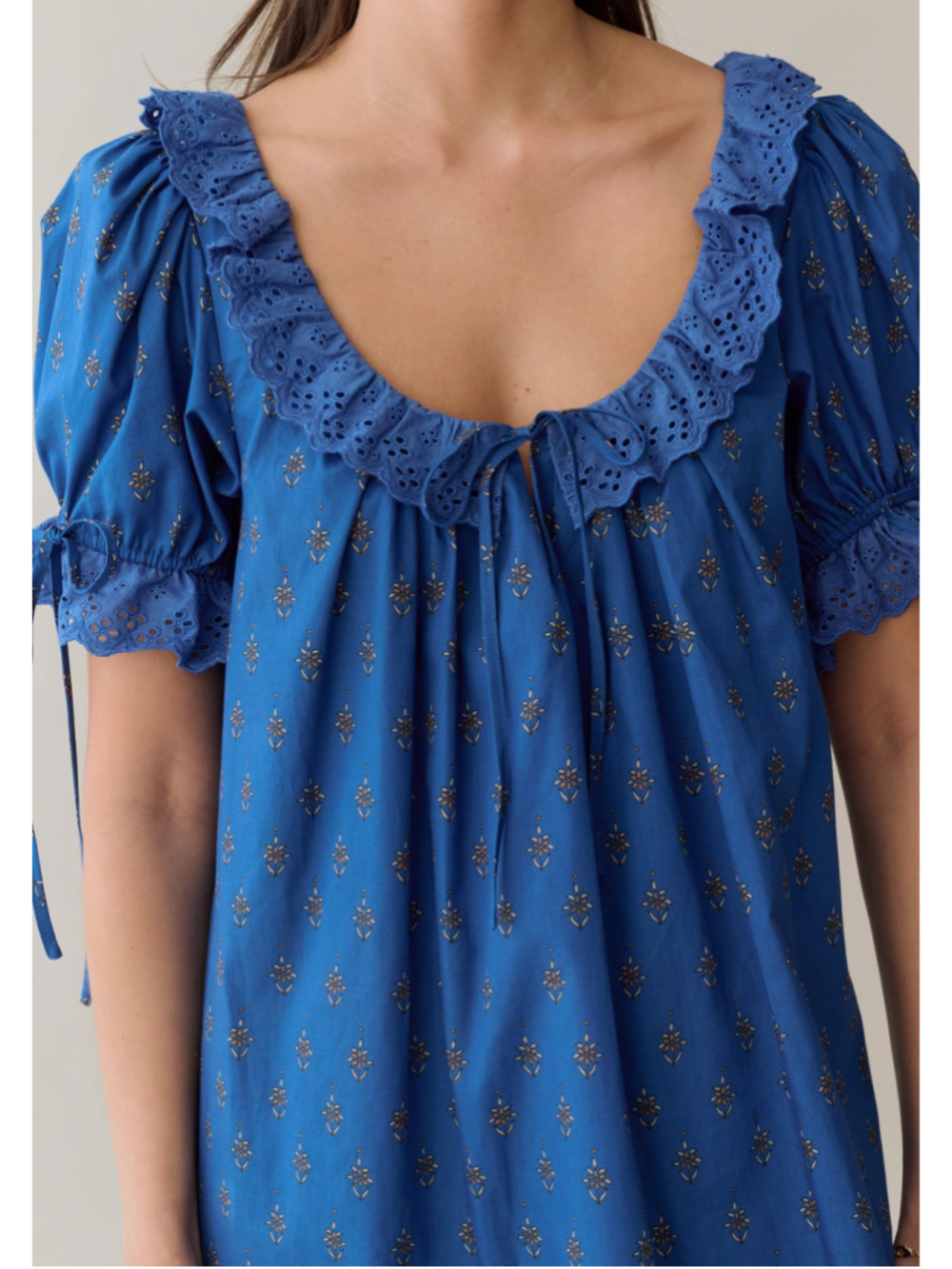 Women's kourt Juliet Cotton Blue Brown Floral Print and Eyelet Trim, Size M - Picture 2 of 9